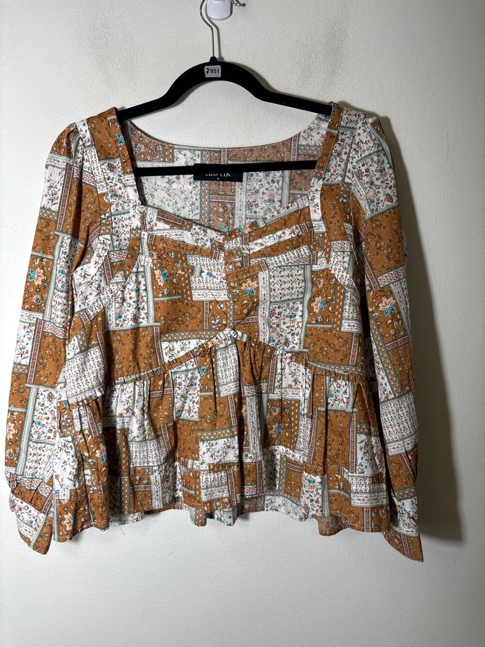 Fab'rik Brown Quilt Pattern Long Sleeve Cotton Peplum Top Sz M